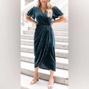 Ivy City Co. Faux Wrap Midi Dress Blue Velvet Size S